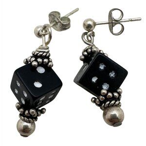 Playful Mini Black Dice Shaped Dangle Earrings Las Vegas Motif Casino Vacation